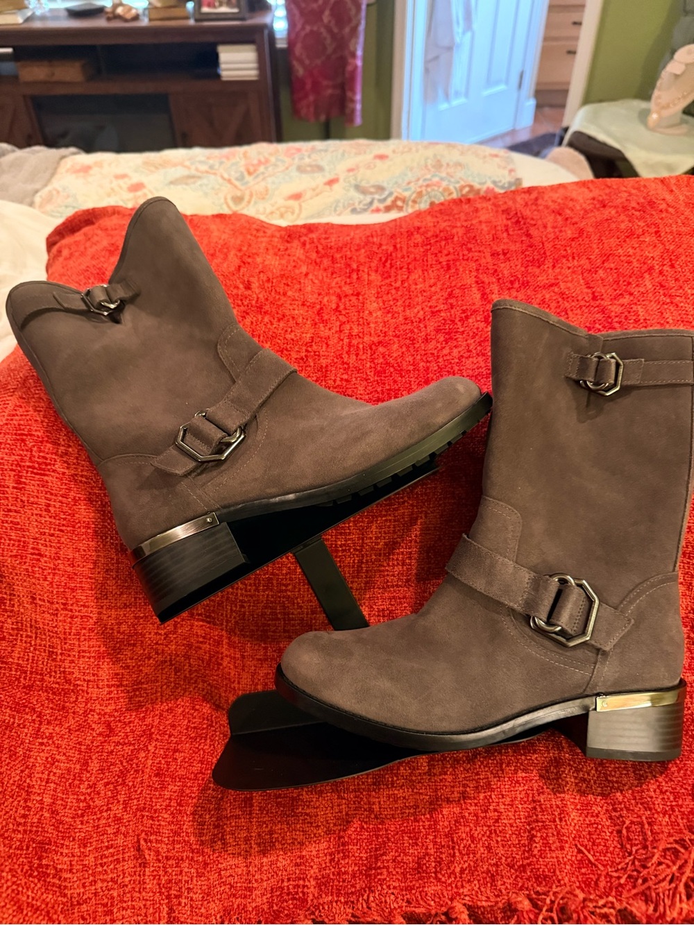 Vince Camuto Gray Suede Mid-Calf Buckle Boots